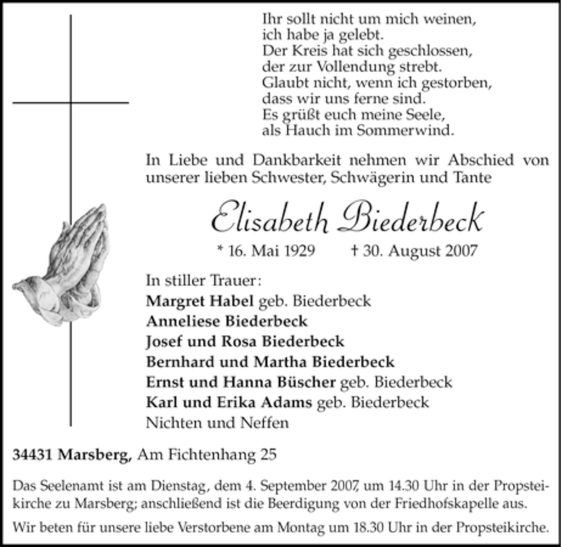  Traueranzeige für Elisabeth Biederbeck vom 01.09.2007 aus Tageszeitung