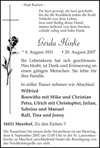 Traueranzeige von Gerda Hinke von Tageszeitung