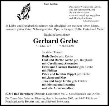 Traueranzeige von Gerhard Grebe von Tageszeitung
