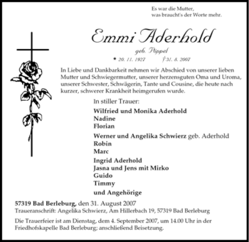 Traueranzeige von Emmi Aderhold von Tageszeitung