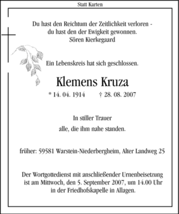 Traueranzeige von Klemens Kruza von Tageszeitung