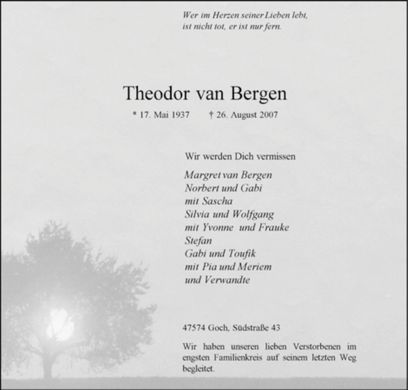  Traueranzeige für Theodor van Bergen vom 03.09.2007 aus Tageszeitung