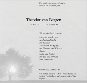Traueranzeige von Theodor van Bergen von Tageszeitung