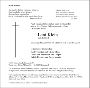 Traueranzeige von Leni Klein von Tageszeitung