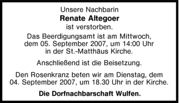 Traueranzeige von Renate Altegoer von Tageszeitung