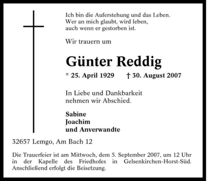  Traueranzeige für Günter Reddig vom 03.09.2007 aus Tageszeitung