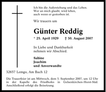 Traueranzeige von Günter Reddig von Tageszeitung