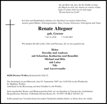 Traueranzeige von Renate Altegoer von Tageszeitung