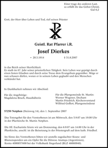 Traueranzeige von Josef Dierkes von Tageszeitung