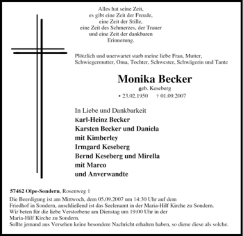 Traueranzeige von Monika Becker von Tageszeitung