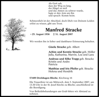 Traueranzeige von Manfred Stracke von Tageszeitung