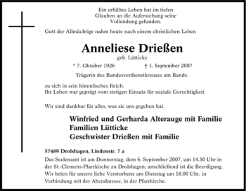 Traueranzeige von Anneliese Drießen von Tageszeitung