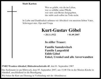 Traueranzeige von Kurt-Gustav Göbel von Tageszeitung