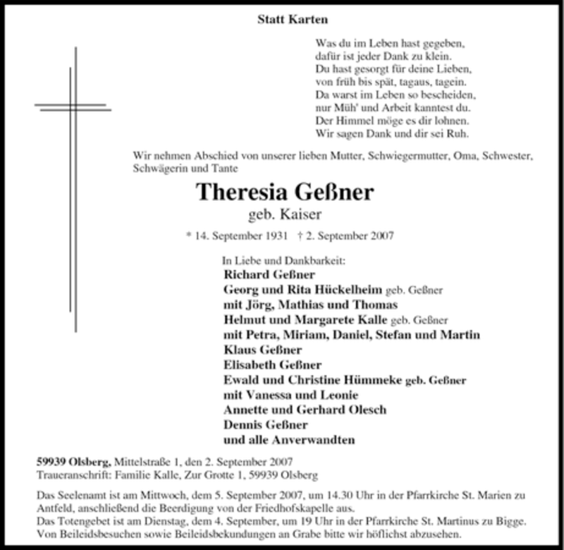  Traueranzeige für Theresia Geßner vom 03.09.2007 aus Tageszeitung