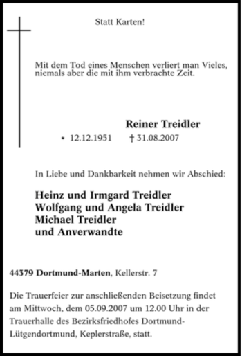 Traueranzeige von Reiner Treidler von Tageszeitung