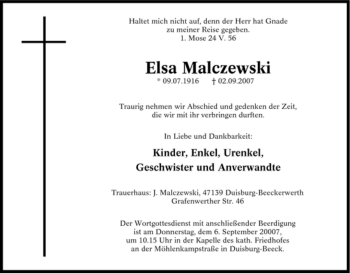 Traueranzeige von Elsa Malczewski von Tageszeitung