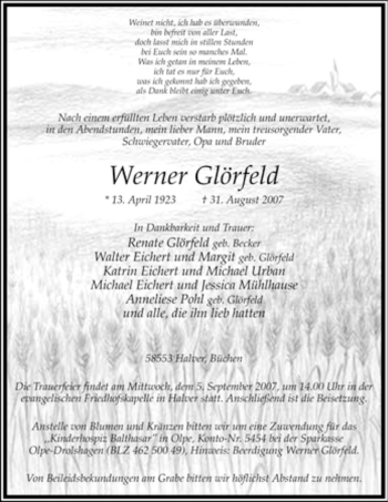 Traueranzeige von Werner Glörfeld von Tageszeitung