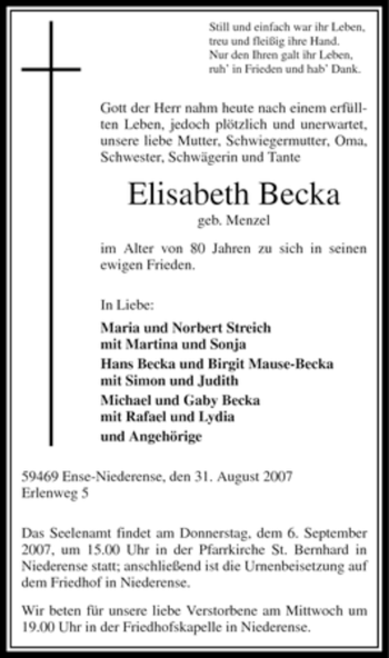 Traueranzeige von Elisabeth Becka von Tageszeitung