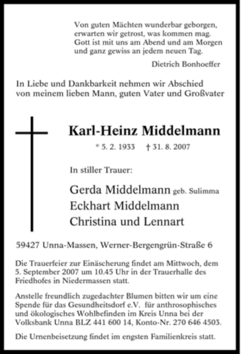 Traueranzeige von Karl-Heinz Middelmann von Tageszeitung