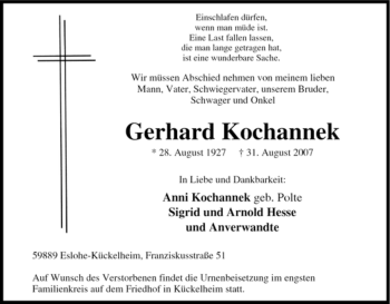 Traueranzeige von Gerhard Kochannek von Tageszeitung