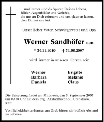Traueranzeige von Werner Sandhöfer von Tageszeitung