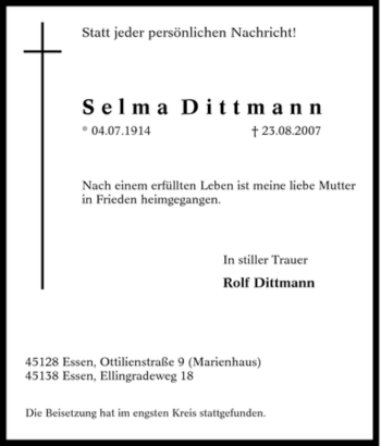 Traueranzeige von Selma Dittmann von Tageszeitung