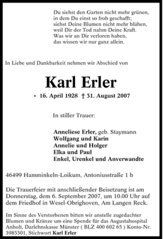  Traueranzeige für Karl Erler vom 04.09.2007 aus Tageszeitung