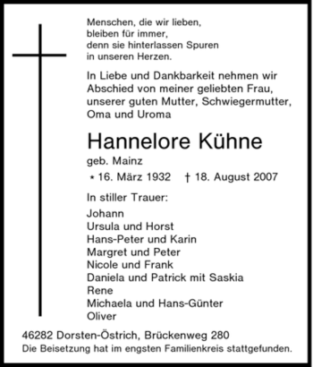 Traueranzeige von Hannelore Kühne von Tageszeitung