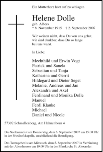Traueranzeige von Helene Dolle von Tageszeitung