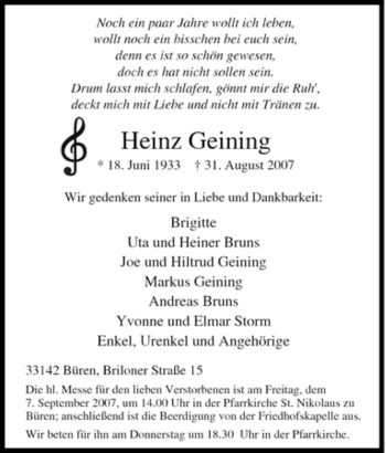 Traueranzeige von Heinz Geining von Tageszeitung