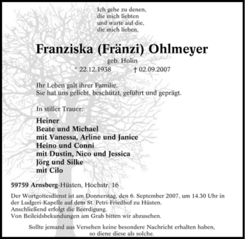 Traueranzeige von Franziska Ohlmeyer von Tageszeitung