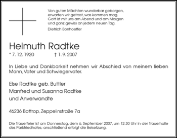 Traueranzeige von Helmuth Radtke von Tageszeitung