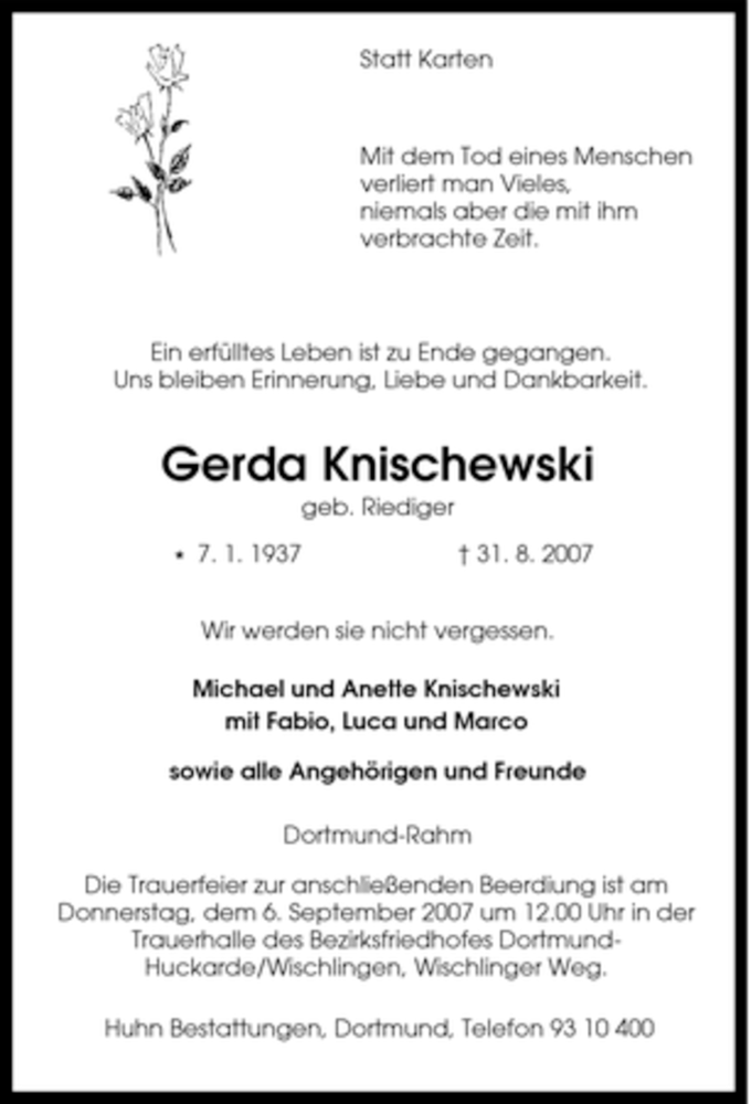  Traueranzeige für Gerda Knischewski vom 04.09.2007 aus Tageszeitung