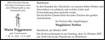 Traueranzeige von Maria Niggemann von Tageszeitung