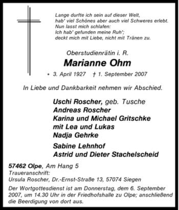 Traueranzeige von Marianne Ohm von Tageszeitung