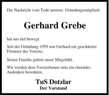Traueranzeige von Gerhard Grebe von Tageszeitung