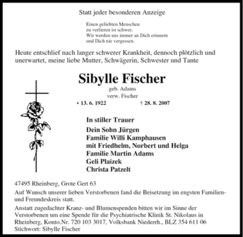 Traueranzeige von Sibylle Fischer von Tageszeitung