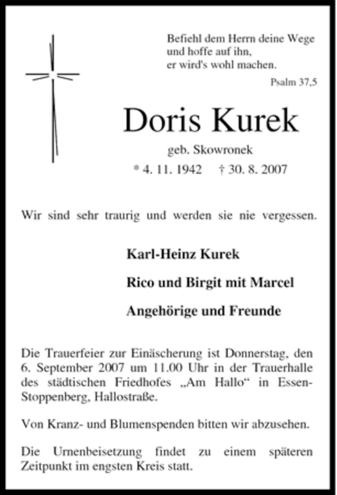 Traueranzeigen Von Doris Kurek Trauer In Nrwde 6606