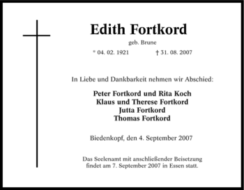 Traueranzeige von Edith Fortkord von Tageszeitung
