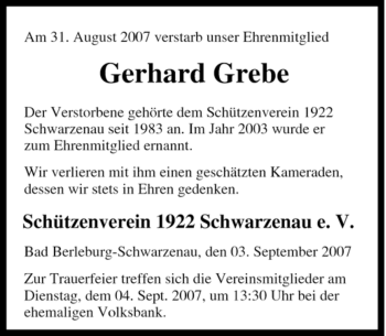 Traueranzeige von Gerhard Grebe von Tageszeitung