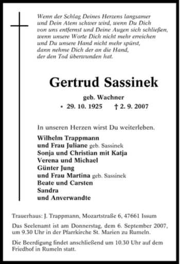 Traueranzeige von Gertrud Sassinek von Tageszeitung