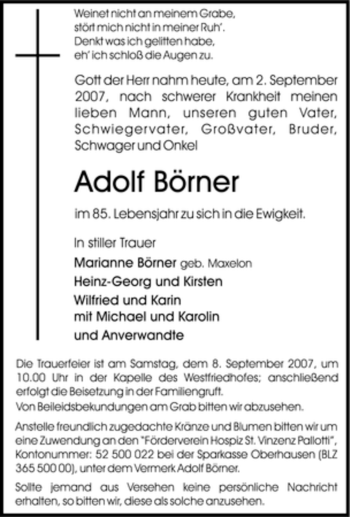 Traueranzeige von Adolf Börner von Tageszeitung