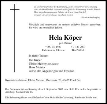 Traueranzeige von Hela Köper von Tageszeitung