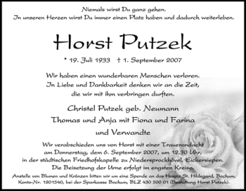 Traueranzeige von Horst Putzek von Tageszeitung