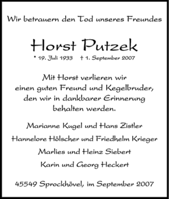 Traueranzeige von Horst Putzek von Tageszeitung