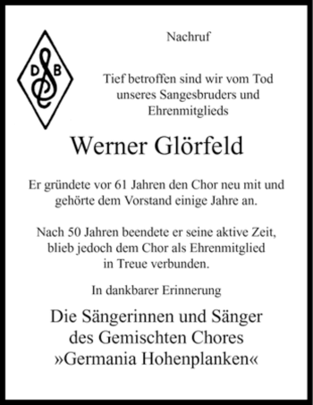 Traueranzeige von Werner Glörfeld von Tageszeitung