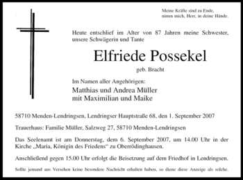 Traueranzeige von Elfriede Possekel von Tageszeitung
