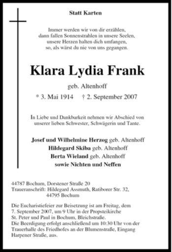 Traueranzeige von Klara Lydia Frank von Tageszeitung
