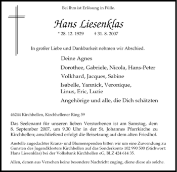 Traueranzeige von Hans Liesenklas von Tageszeitung