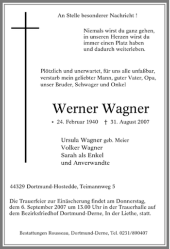 Traueranzeige von Werner Wagner von Tageszeitung